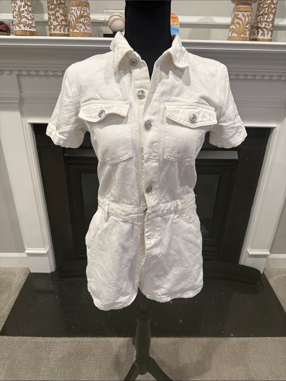 White Short-Sleeve Denim Romper